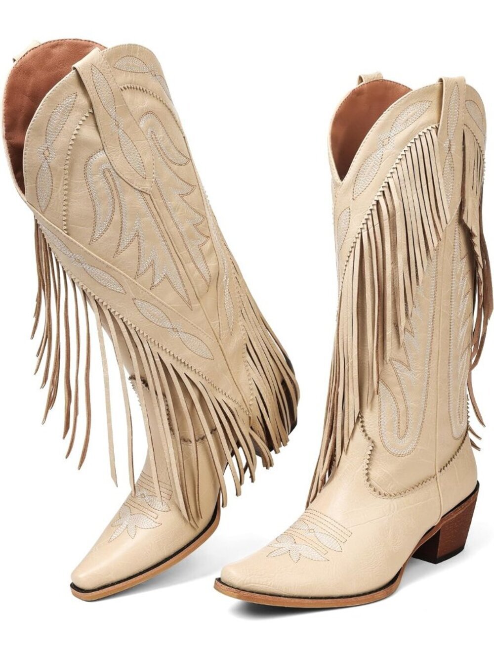 Women's Retro Pointed Toe Pull On Block Chunky Heel Beige Tassel Country Western